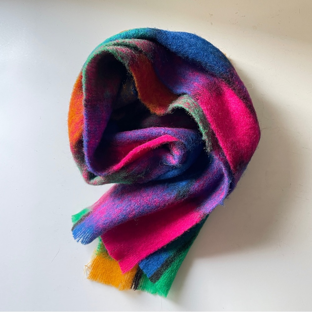 Vintage ITALY Wool Plaid Scarf Oversized Mohair Feel Vibrant Fringe Rainbow